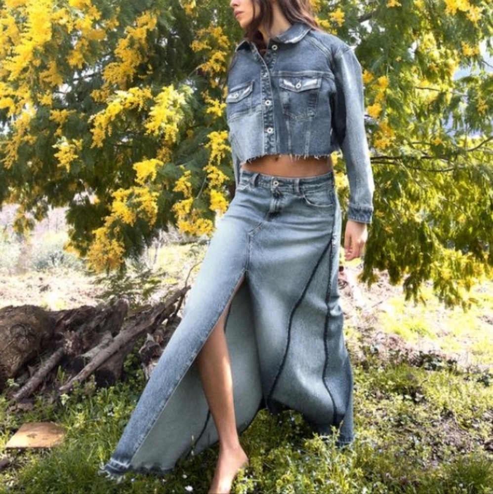 Zara Z1975 Slit Patchwork Skirt and Oversized Patchwork Jacket Sz-XS